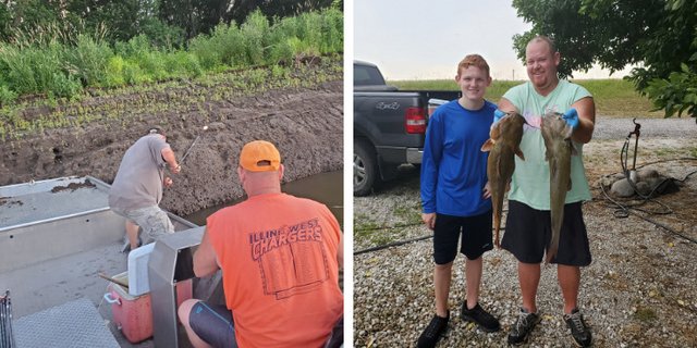 Links: Chad setzt die Angelrute ins Ufer, Adam fährt das Boot. Rechts: Aiden und Adam mit den zwei Welsen. (Bilder Melanie Reinmann)