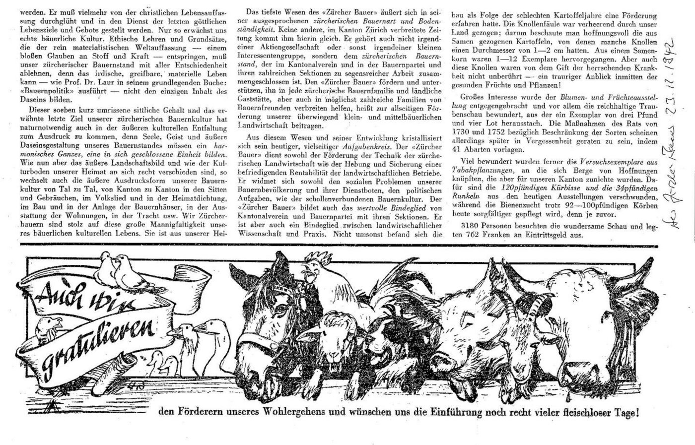 Sowohl der Glückwunsch als auch der Wunsch der Bauernhoftiere an den Zürcher landwirtschaftlichen Kantonalverein sind nachvollziehbar und plausibel – aber sie artikulieren menschliche, nicht tierische Anliegen.