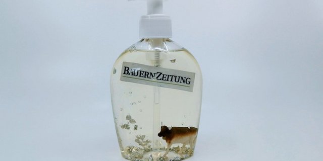 Seifenspender mit Kuh, Logo und Glitzer. (Bild sbu)