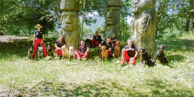 Der Jungfraupark bietet eine ideale Kulisse fürs Gruppenfoto der sieben Mitglieder der IG Anoplophora Spürhunde Schweiz mit ihren elf Hunden (Norma Kleiber, links, und Daniel Hagemeier, 3. v.l.). (Bildjsc)