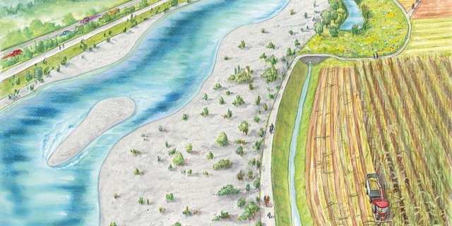 Aufweitung der Reuss beim Honauer Schachen. Dass Hochwasserschutz aus finanziellen Gründen mit Renaturierung und damit Kulturlandverlust verbunden wird, stösst auf sachsende bäuerliche Kritik. (Grafik zVg)