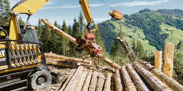 Mit Seilkrananlagen wird das Sturmholz an die Forststrassen gezogen, entastet, abgelängt und an die Polter zum Abtransport gelegt. (Bilder Josef Scherer)