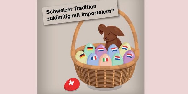 Ein armer Osterhase, der wegen sinkender Inlandproduktion mehr ausländische Eier bringen muss. So sieht das Sujet von Gallo Suisse im Abstimmungskampf gegen die TWI aus. (Bild Gallo Suisse)