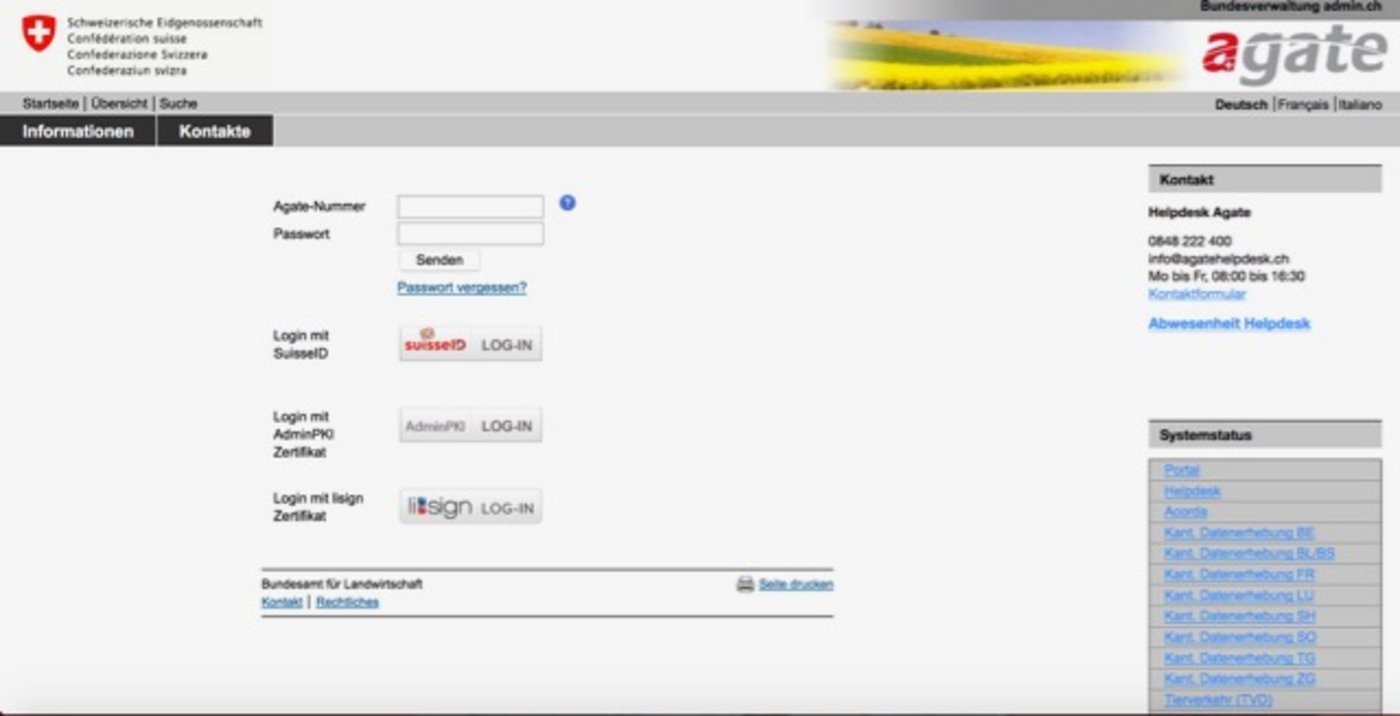 So sieht die Login-Seite von Agate aktuell noch aus. Am 3. September wird vieles neu. (Bild Screenshot agate.ch)