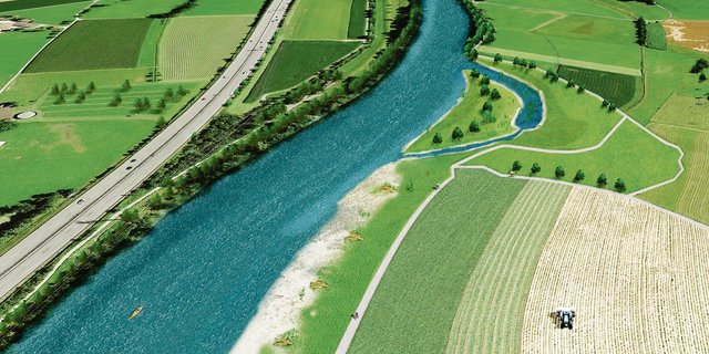Für den  Hochwasserschutz müsse die Reuss ausgeweitet werden. Das verbraucht viel Land. Die Suche nach Realersatz sei bei der unteren Reuss (Bild) schwierig, sagt der Kanton.(Visualisierung zVg)