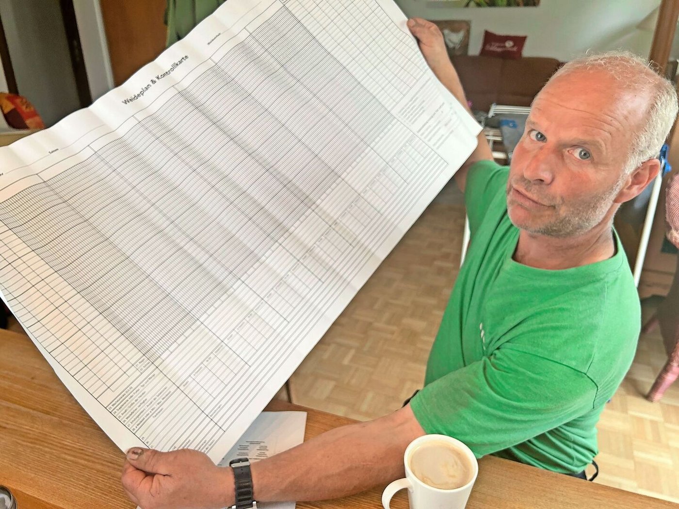 René Hiltbrunner zeigt das komplexe Beweidungsplanungsformular des Savory-Institut. Dieses Jahr hatte er keine Zeit, es auszufüllen.  