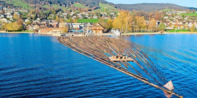Ankunft des Floss aus den vielen Stämmen, mit einem Rahmen zusammengehalten, im Ägeriseee. 