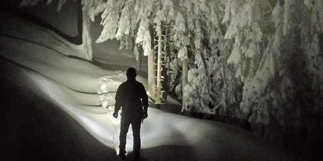Kein Pfad, kein Licht, dafür viel Schnee: Susanne Aeschbacher und ihr Mann auf dem Weg zu Kuh Domina. (Bild Susanne Aeschbacher)