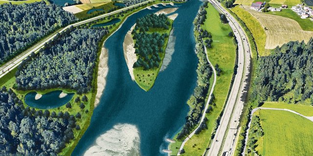 Die möglichen Aufweitungen der Reuss beim Schiltwald in Emmen.(Visualisierung zVg)