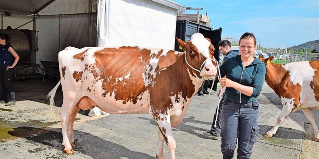 Fabienne Gfeller aus Schangnau mit ihrer schönen Apple Pie-Tochter Liberty. Die Kuh ist jetzt frisch in die vierte Laktation gestartet und wurde diesen Frühling mit 55 55 98 punktiert.