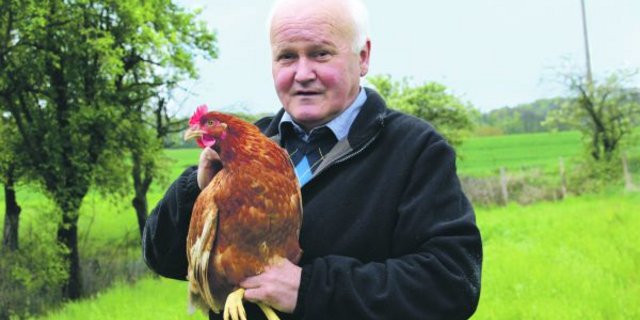 Ernst Beyeler mit einer seiner braunen Hennen auf der Hühnerweide in Oberflachs AG. Wegen des seit drei Tagen anhaltenden Regens hatten die Hennen beim Fototermin keinen Ausgang. (Bild Hans Rüssli)