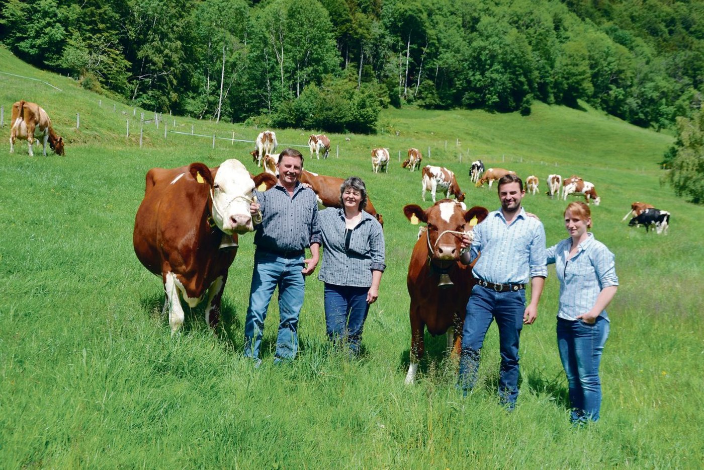 Adolf und Ursula Zemp mit Sohn Roland und dessen Freundin Jeannette Büttler. An den Halftern die Kühe Vinos Viamala (links) und ihre Tochter Kilian Kischa, die SF-Kuh des Jahres 2020.(Bilder Peter Fankhauser)